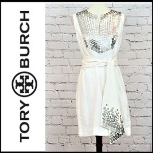 TORY BURCH White Linen w/Platinum Sequined Dress 8